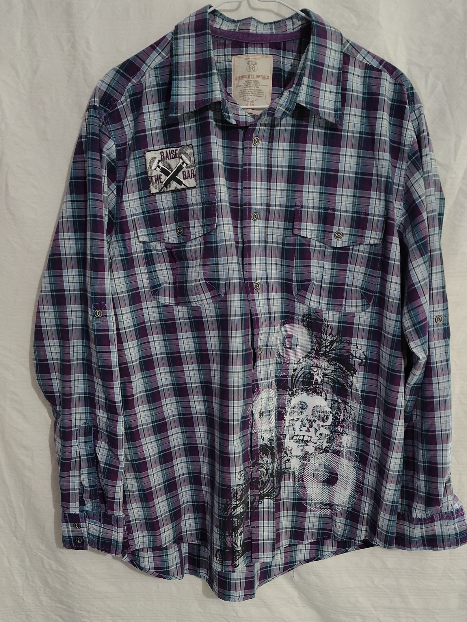 Route 66 Purple And Blue Plaid Button-Down Shirt With Skull Graphic Size L.